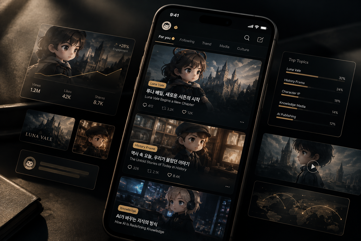 Editorial 3D chibi-style card-news composition for Bangjumzip on X, showing AI-synthesized news snippets, compact captions, and mobile-first social layout