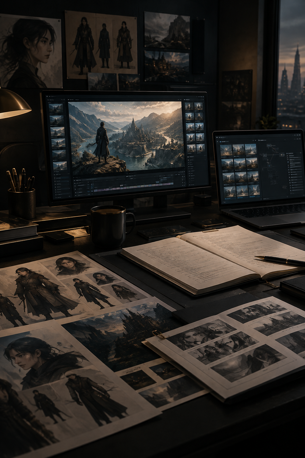 Cinematic editorial composition of layered studio screens, script pages, and character concept boards in a dark workspace with muted gold accents