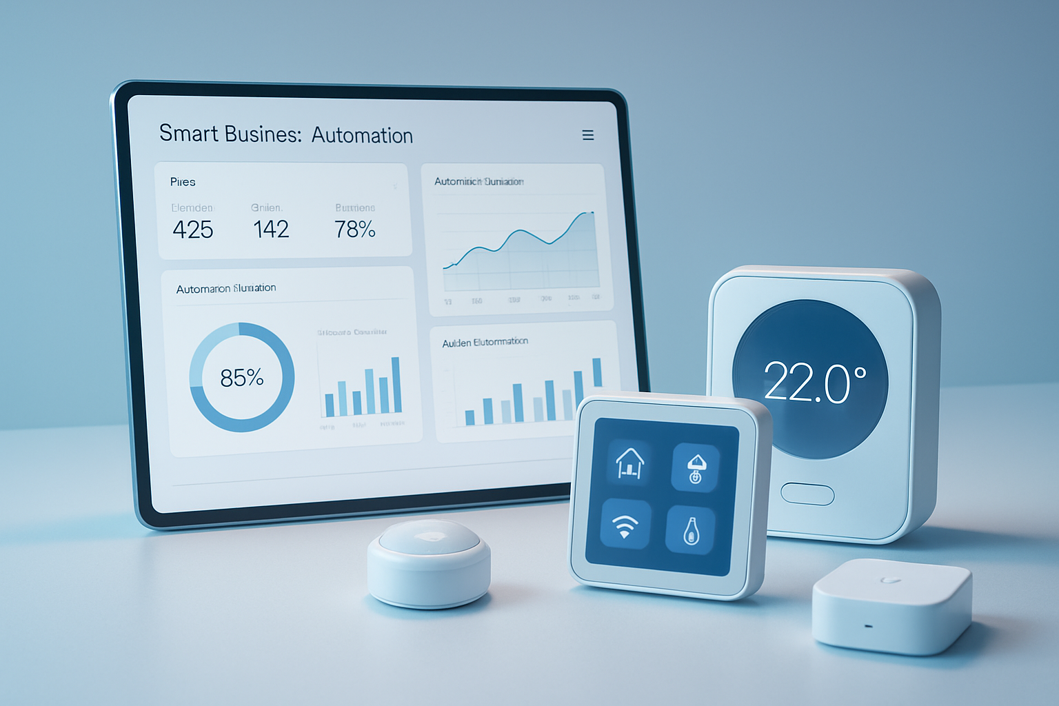 Futuristic smart business automation dashboard and modern smart home devices, sleek and minimalist, cool blues and whites, soft ambient lighting
