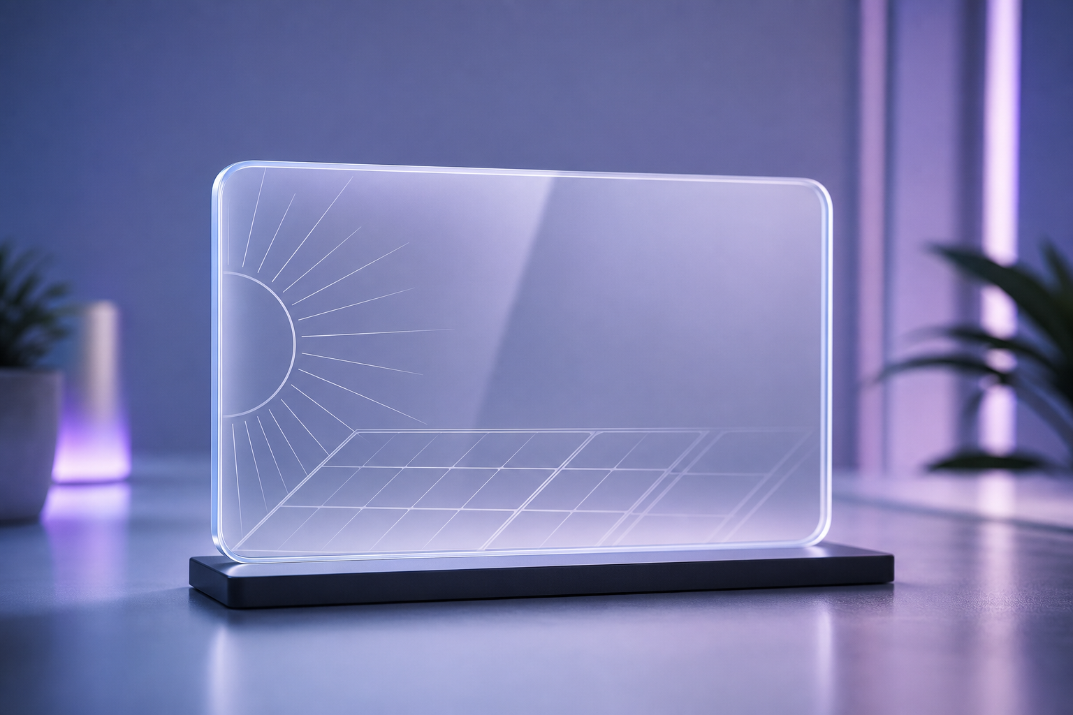 Elegant premium domain sale visual with a translucent glass-like card, subtle solar-inspired line art, and soft purple-blue lighting