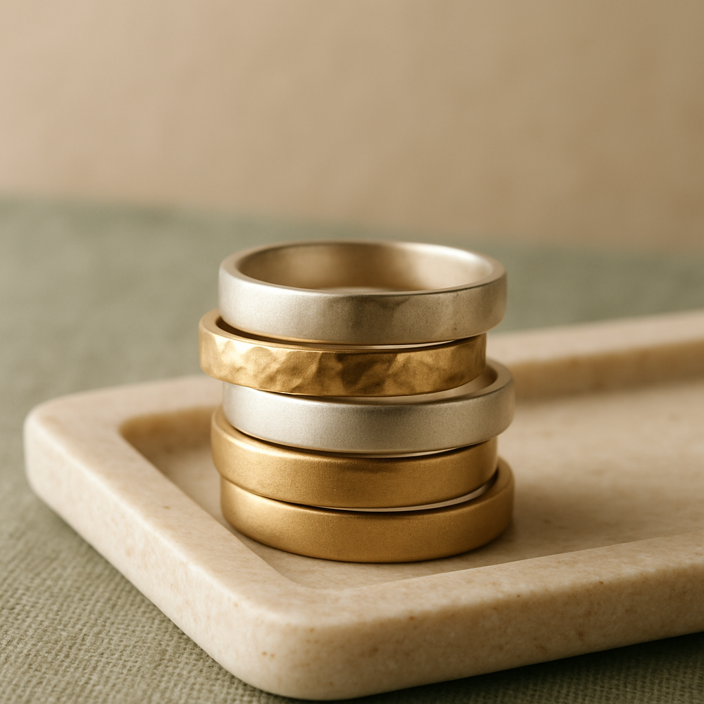 Stacked artisan rings with textured bands