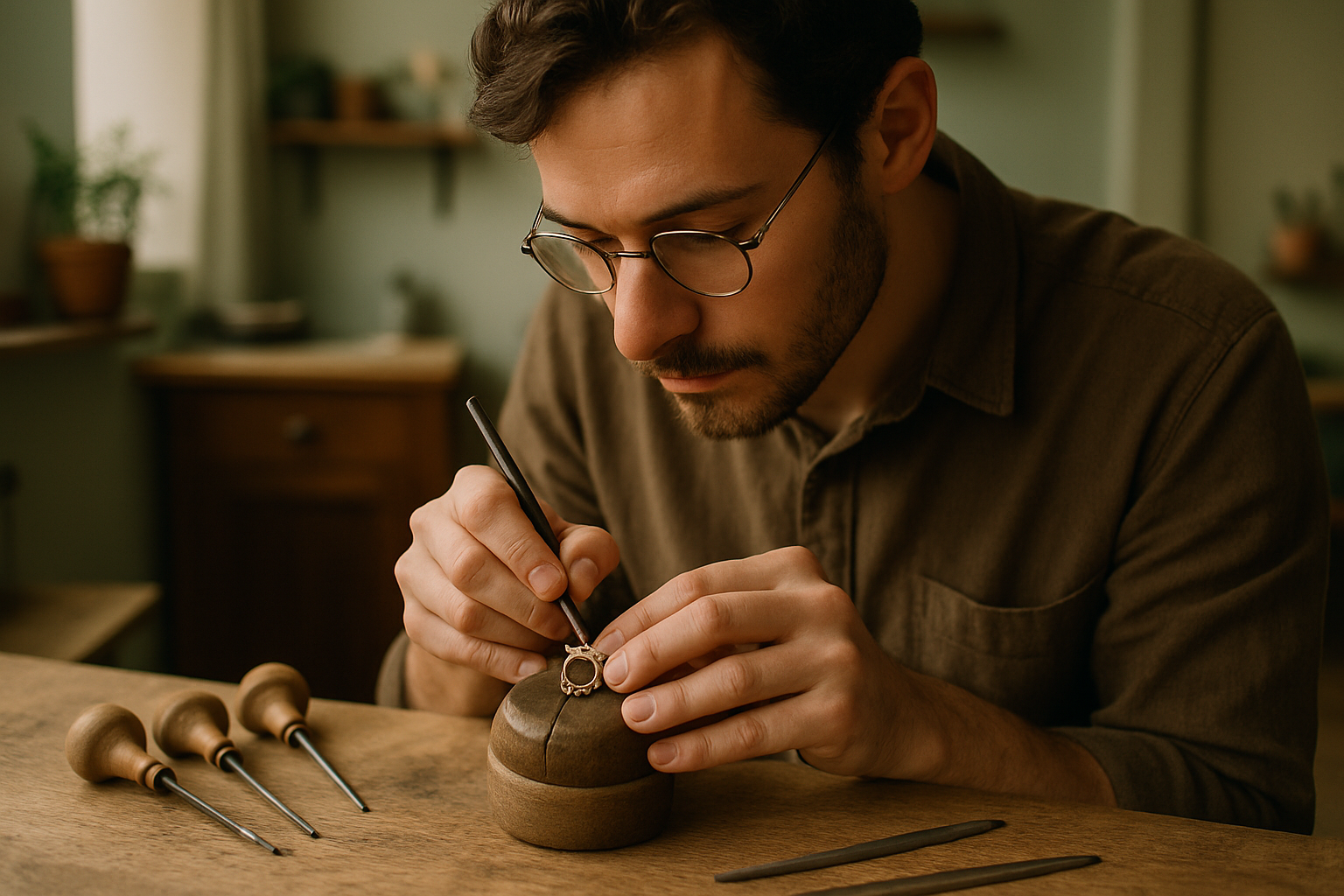 Artisan engraving jewelry on a workbench