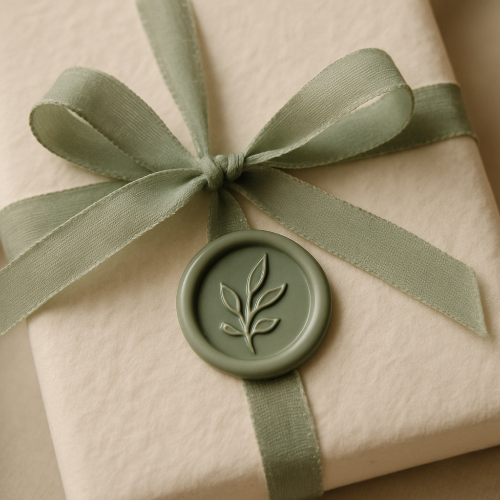 Close-up of sage ribbon and wax seal on gift wrap