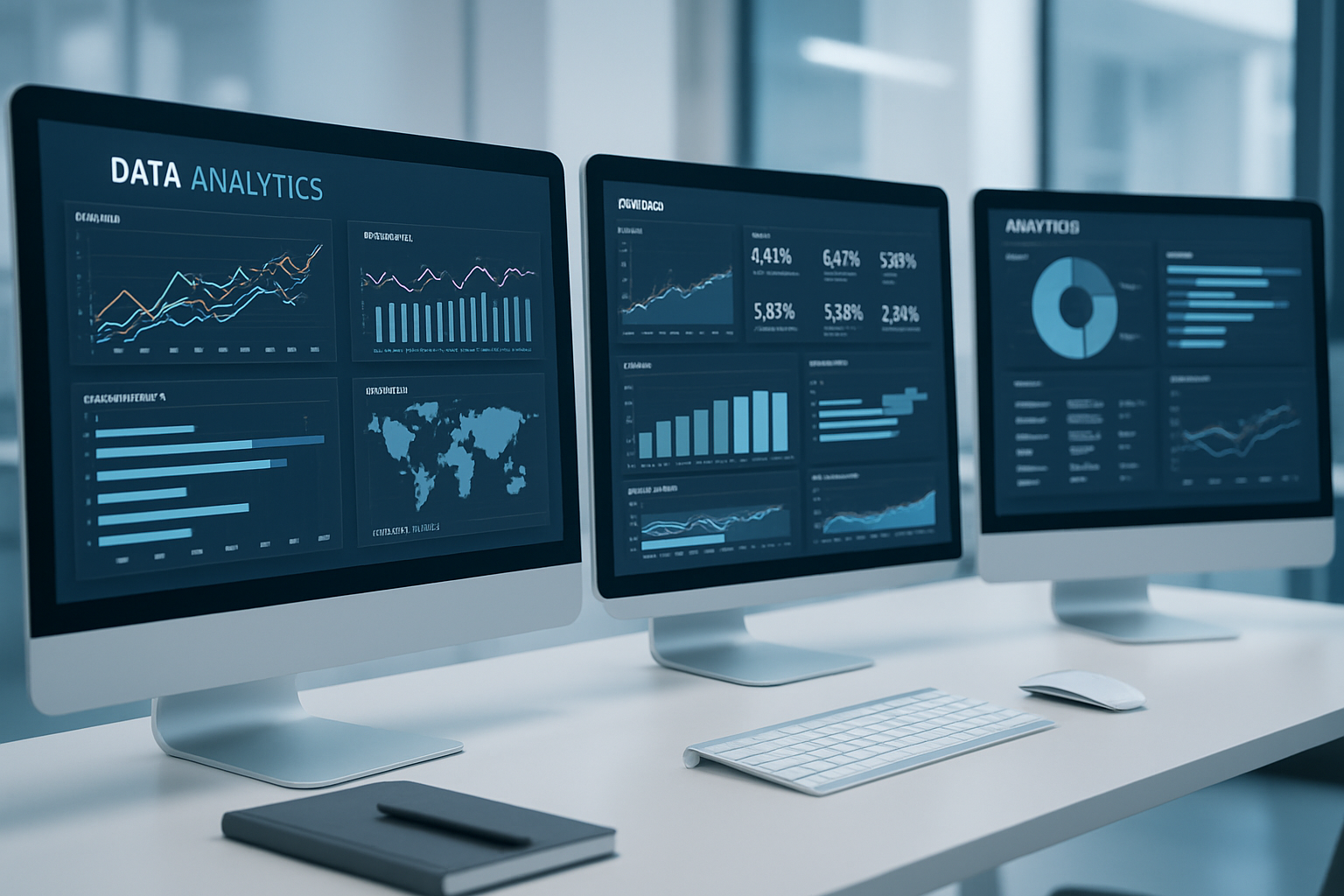 Close-up of data analytics dashboards on monitors in a modern office with no visible faces