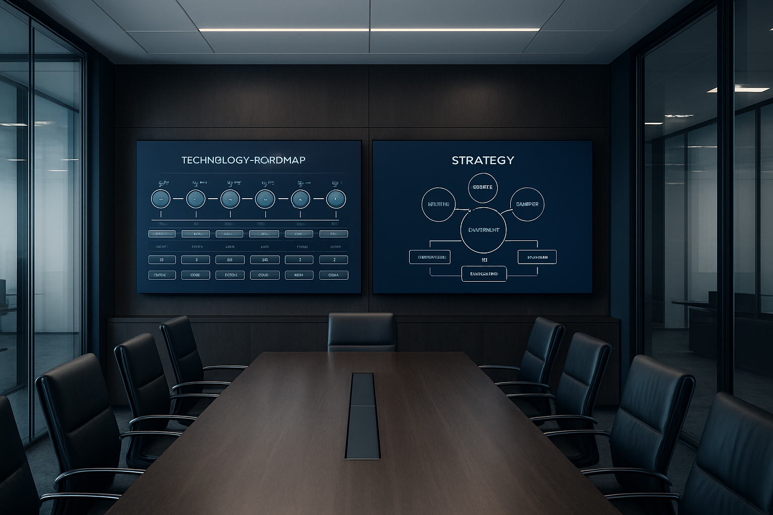 Executive technology roadmap displayed on large screens in a modern boardroom with no visible faces
