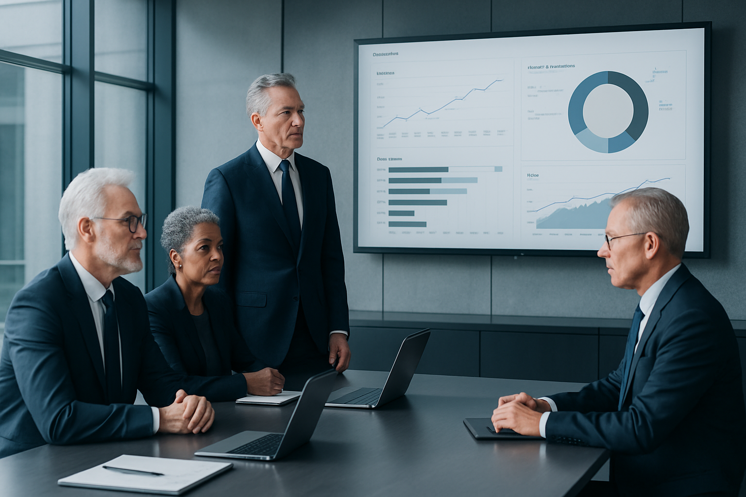 Executive technology and business professionals collaborating in a modern boardroom