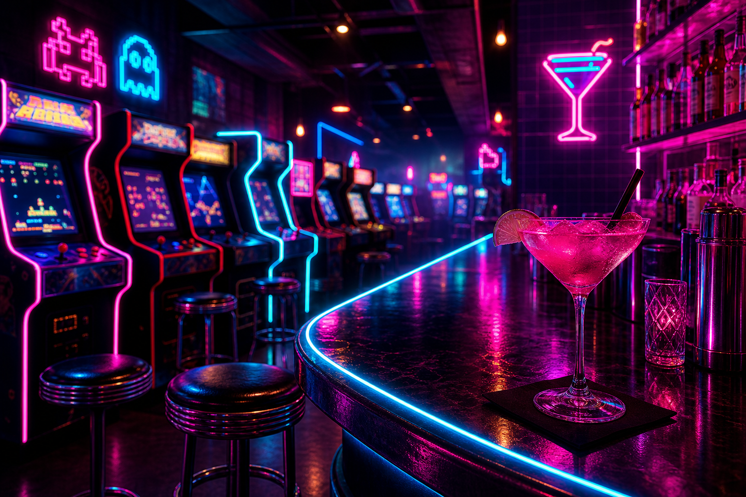 Neon-lit retro arcade bar with glowing cabinets, a magenta cocktail on the counter, and cyan light trails
