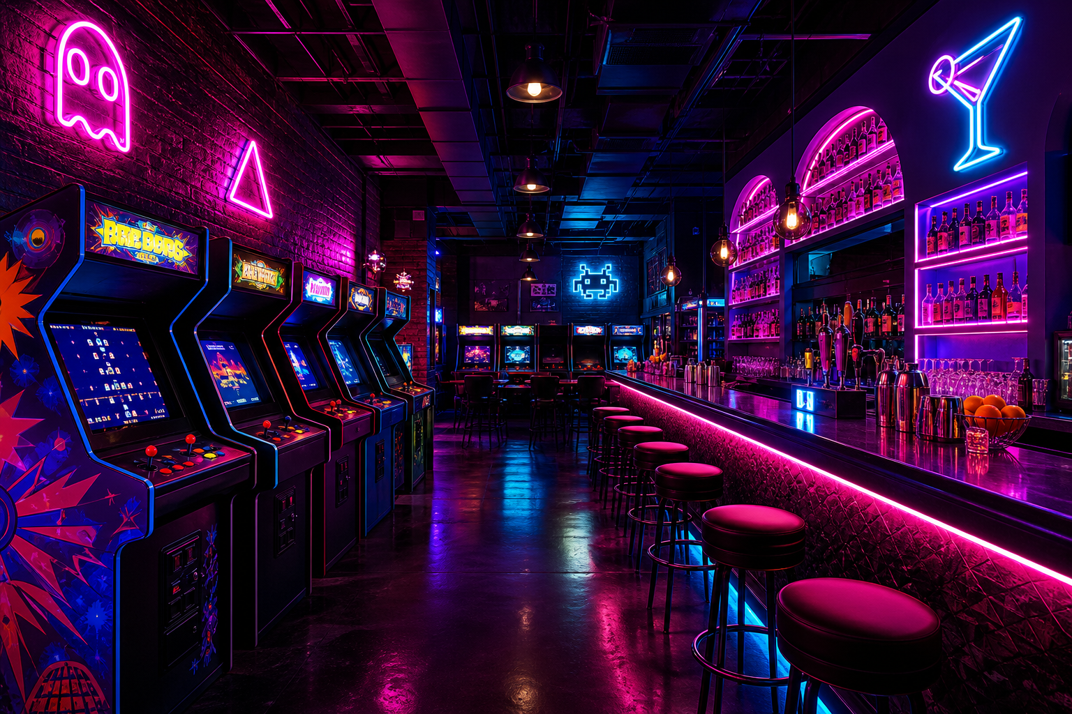 Wide neon arcade bar interior with retro cabinets, glowing magenta and cyan lights, and a sleek cocktail bar