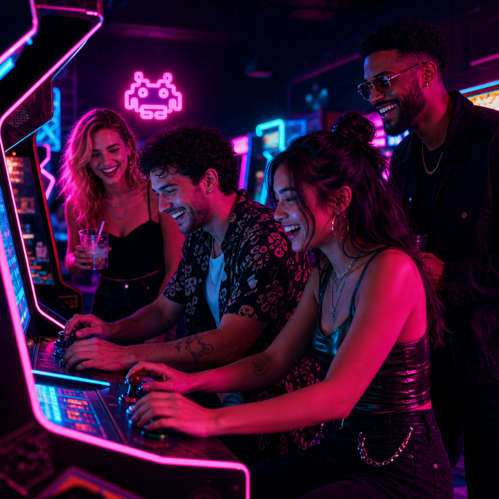 Group of friends in stylish nightlife attire playing classic arcade games under neon lights