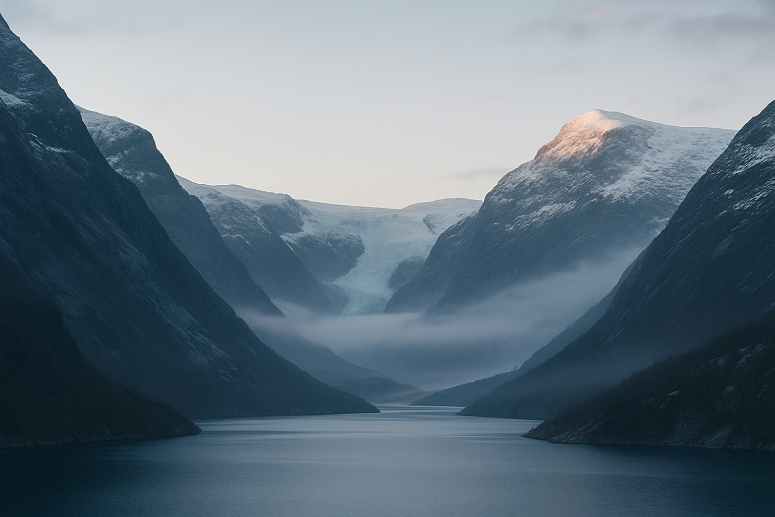 Cool-toned dramatic northern landscape where a glacier-fed fjord winds between steep snow-dusted alpine peaks under drifting mist at dawn