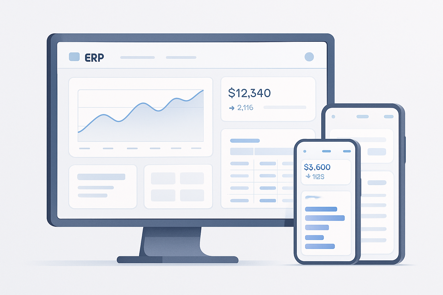 Modern dashboard and mobile screens representing ERP and B2B software solutions