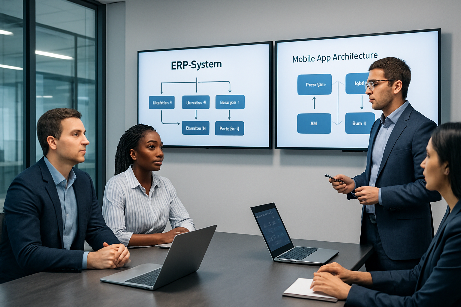 Professional software team reviewing an ERP and mobile app architecture roadmap on large screens in a modern meeting room
