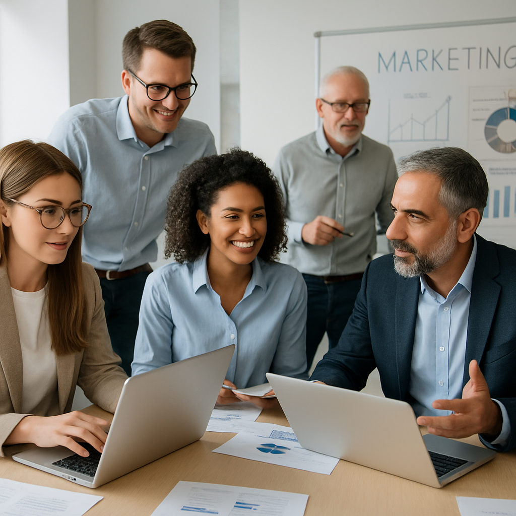 Collaborative trvxo team at work in a modern office, analyzing marketing data on laptops and whiteboards, diverse group, bright and focused atmosphere