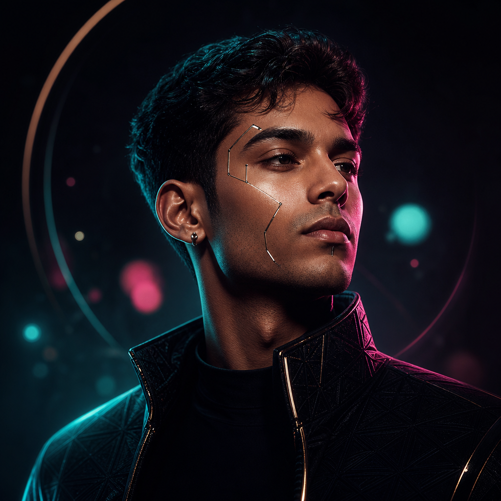 Futuristic artistic portrait of Augusto with luminous accents