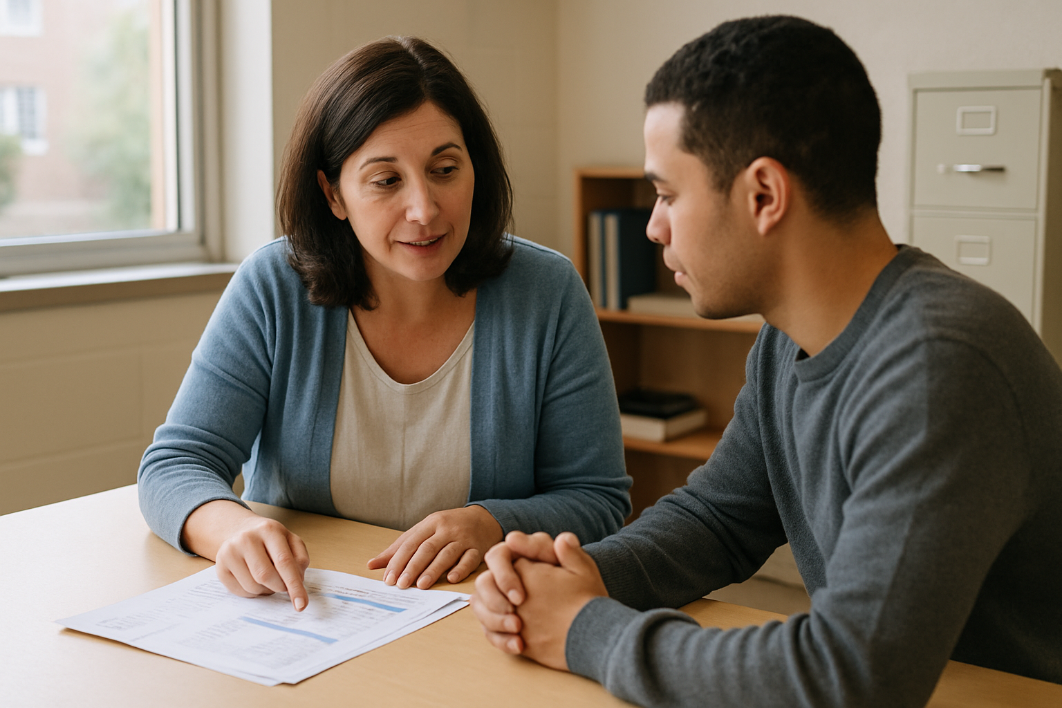 Nonprofit financial counselor speaking with a person at a community help center