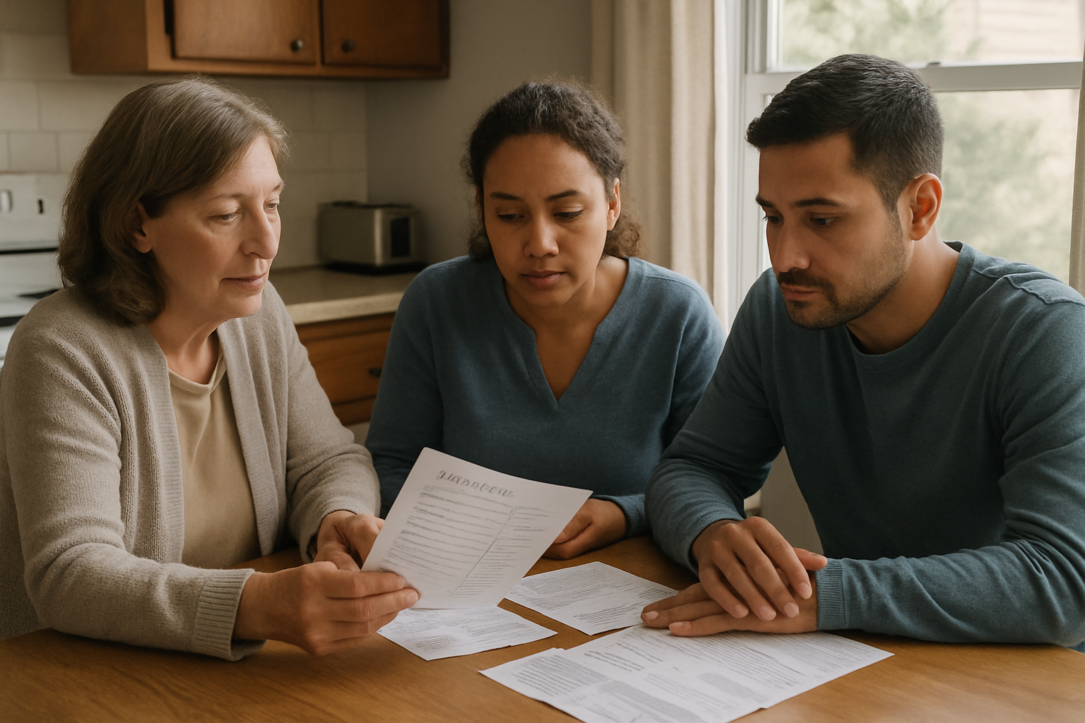 Documentary-style photo of an everyday nonprofit counselor and two adults in casual clothes reviewing bills and a handwritten budget at a kitchen table in natural daylight