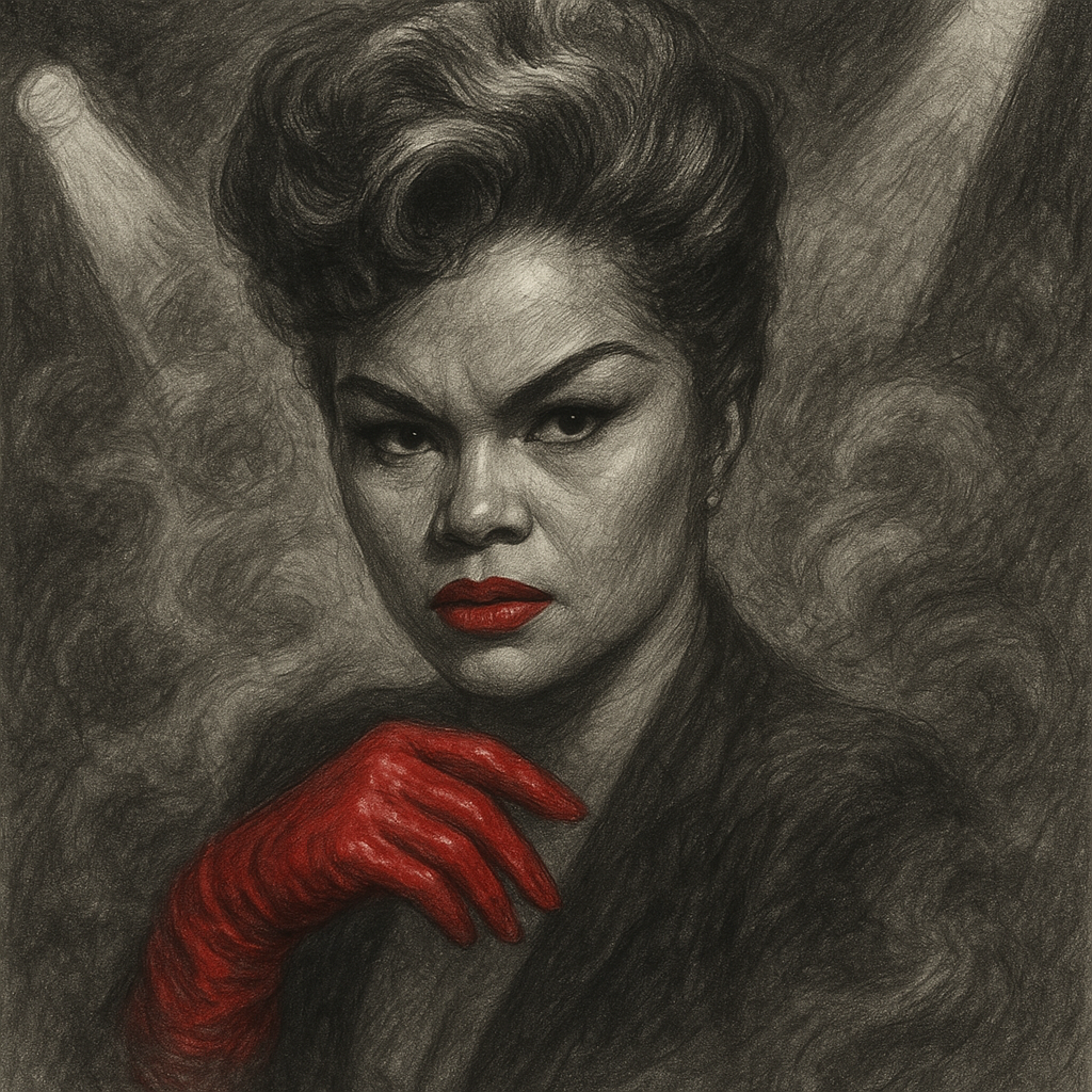 Etta James as a bold, detailed pencil drawing: gray noir palette, dramatic red glove and lipstick, swirling fog, cinematic spotlights, fierce gaze, iconic hairstyle, bold red noir highlights, expressive and moody, strong contrast, stylized smoke and red light