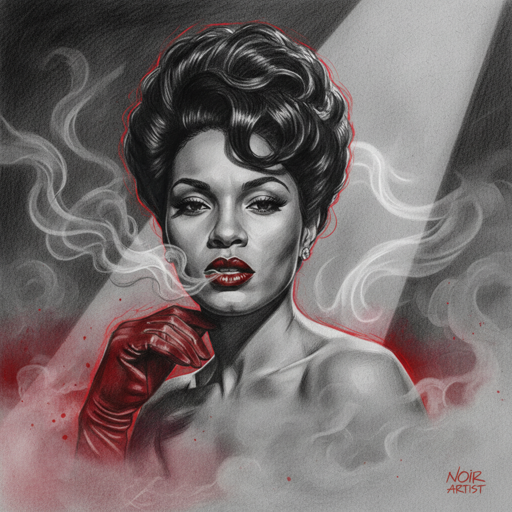 Etta James as a bold, detailed pencil drawing: gray noir palette, dramatic red glove and lipstick, swirling fog-like smoke, cinematic spotlights, fierce gaze, iconic hairstyle, red noir highlights, expressive and moody atmosphere, smoke and red light