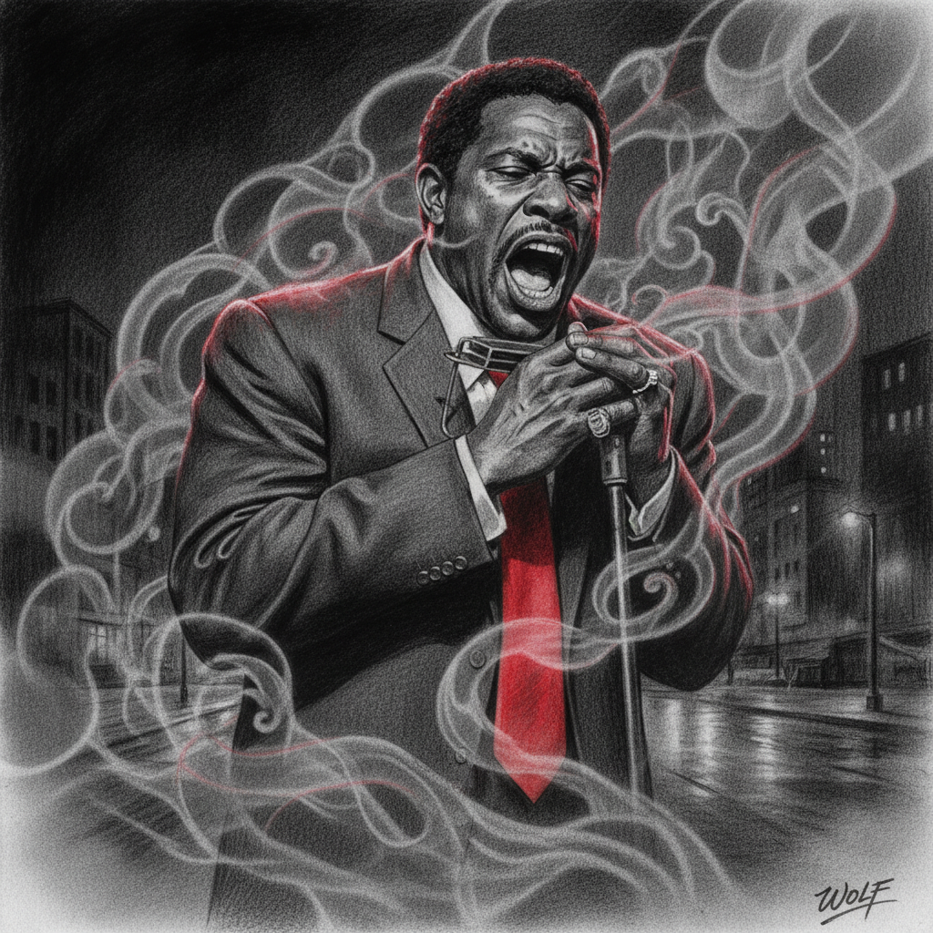 Howlin' Wolf depicted in dramatic pencil drawing: gray noir tones, bold red tie, vivid red spotlights, swirling smoke, towering presence, mouth mid-howl, harmonica in hand, cinematic lighting, rich red noir highlights, deep emotion, fog effects