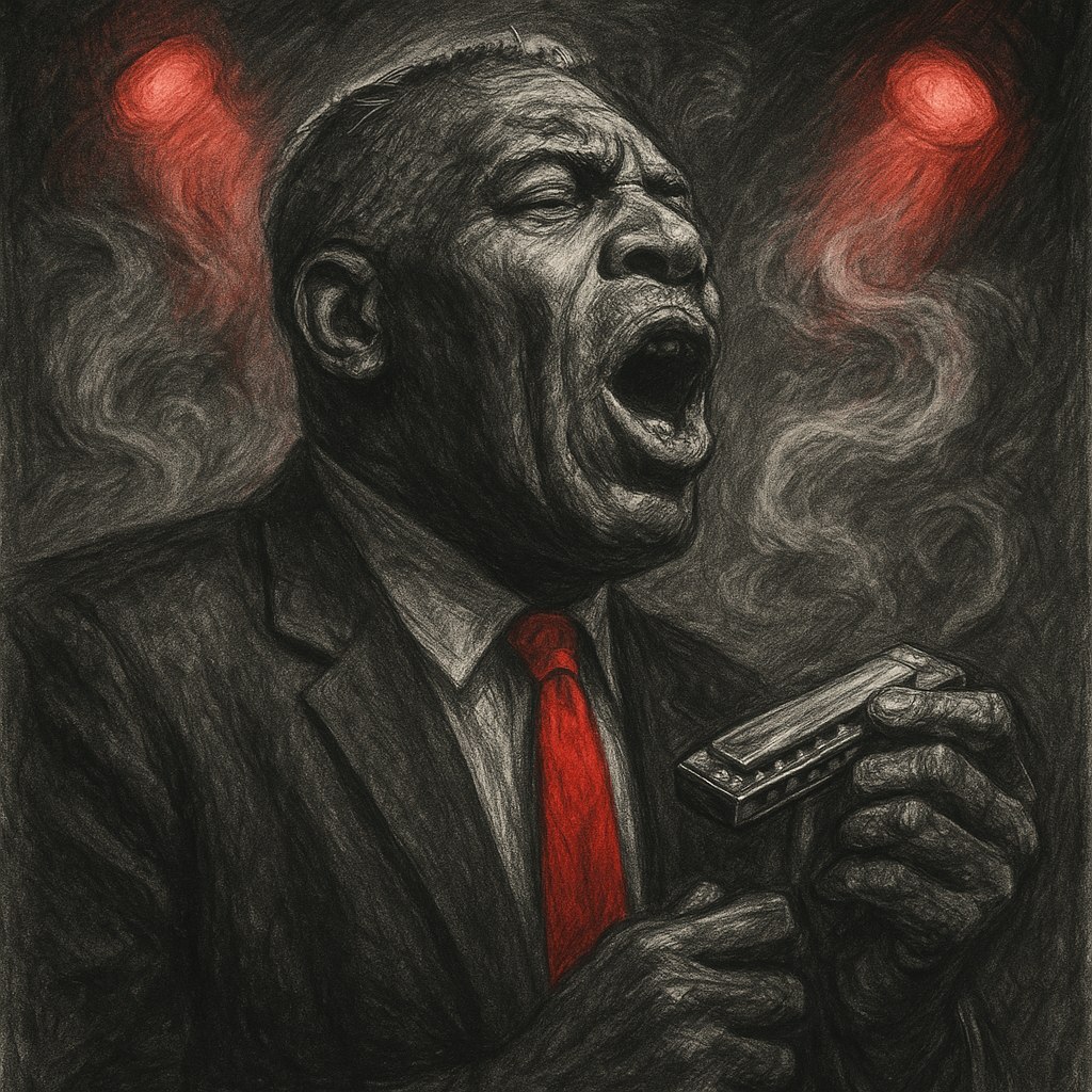 Howlin' Wolf in a dramatic, pencil-drawn noir portrait: gray tones, bold red tie, vivid red spotlights, swirling smoke, towering presence, mouth mid-howl, harmonica in hand, cinematic red noir lighting, deep emotion, strong shadow, bold style