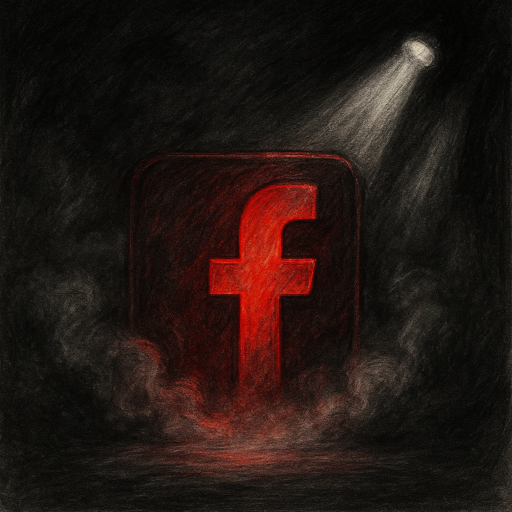 Facebook icon in noir, gray, and pencil style with visually prominent red highlights, swirling smoke, and dramatic spotlights for a red noir blues footer