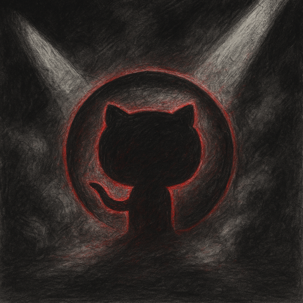 GitHub icon in noir, gray, and pencil style with visually prominent red highlights, swirling smoke, and dramatic spotlights for a red noir blues footer