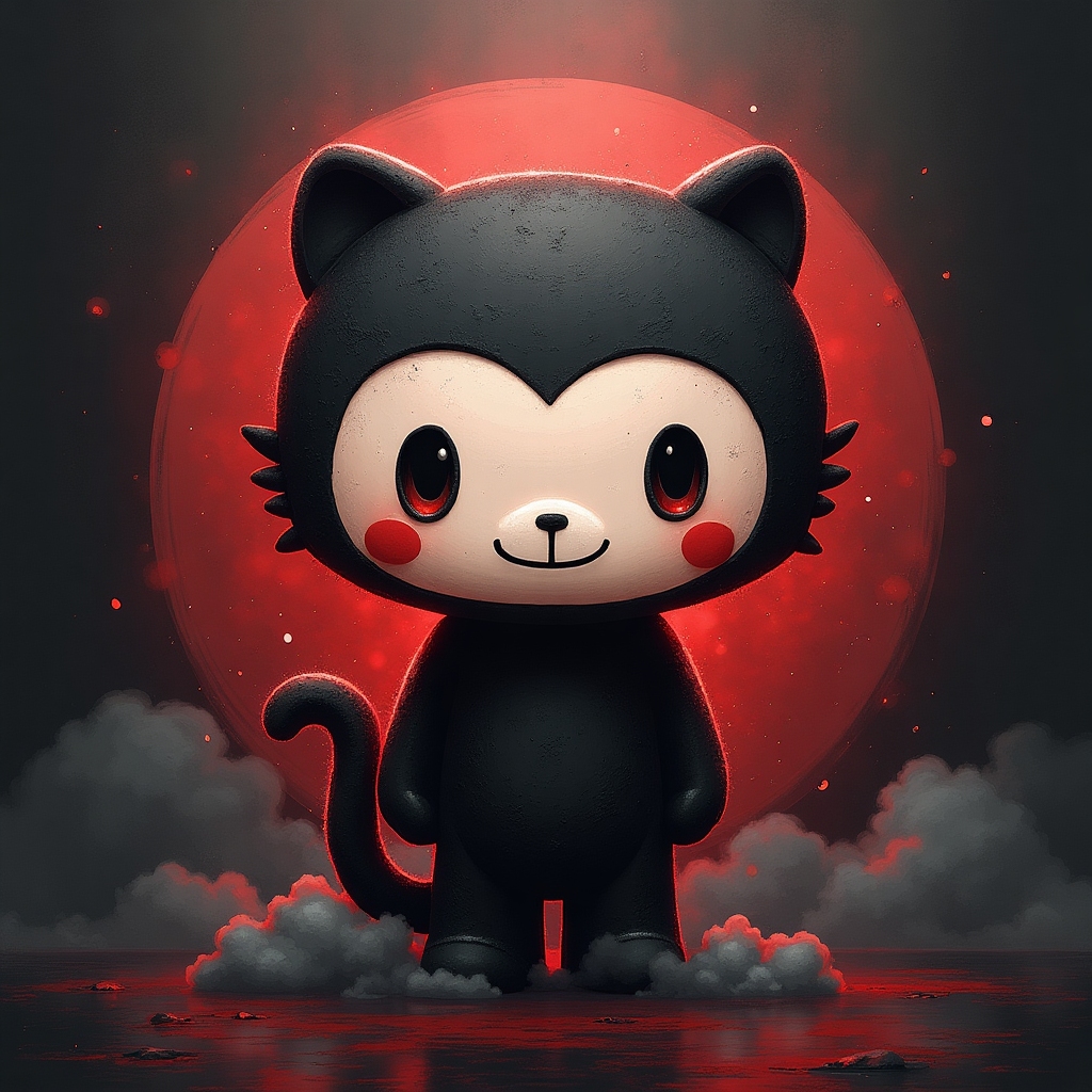 GitHub icon in noir, gray, and pencil style, highly detailed with bold, visually prominent red highlights, swirling fog-like smoke, and sharp spotlights for a dramatic red noir blues footer
