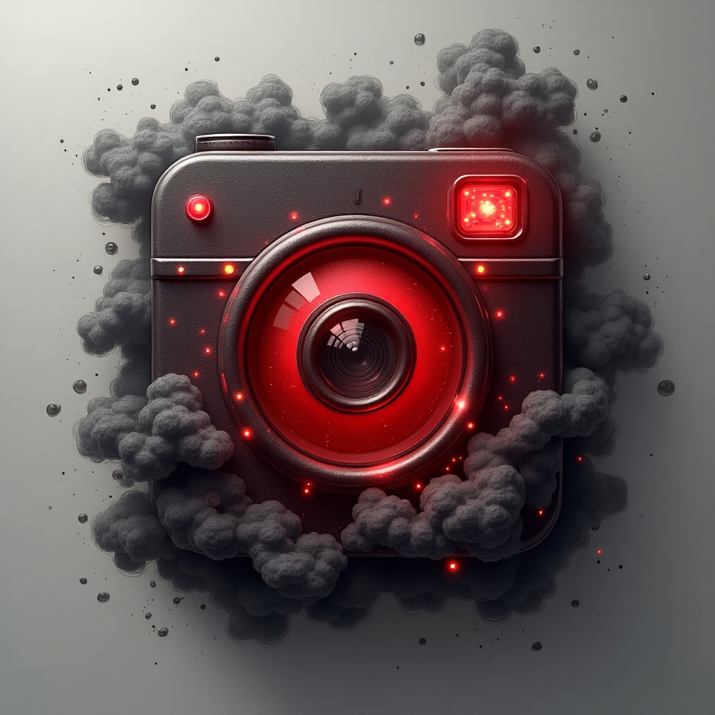 Instagram icon in noir, gray, and pencil style, highly detailed with bold, visually prominent red highlights, swirling fog-like smoke, and sharp spotlights for a dramatic red noir blues footer