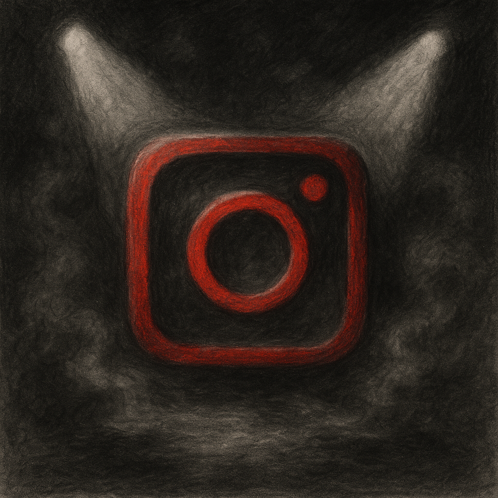 Instagram icon in noir, gray, and pencil style with visually prominent red highlights, swirling smoke, and dramatic spotlights for a red noir blues footer