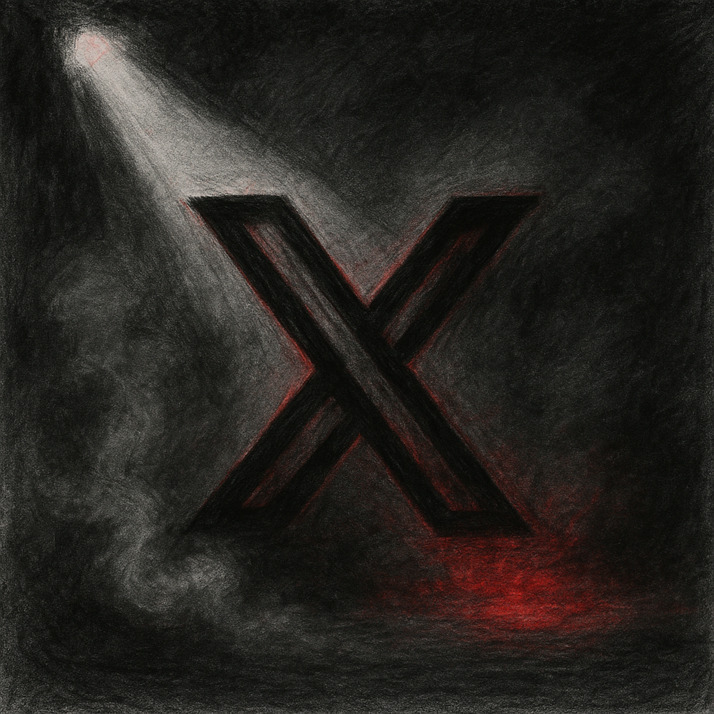 X (Twitter) icon in noir, gray, and pencil style with visually prominent red highlights, swirling smoke, and dramatic spotlights for a red noir blues footer