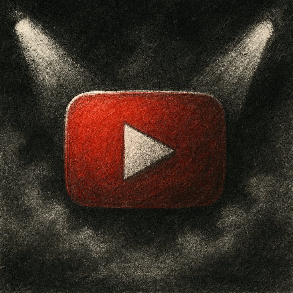 YouTube icon in noir, gray, and pencil style with visually prominent red highlights, swirling smoke, and dramatic spotlights for a red noir blues footer
