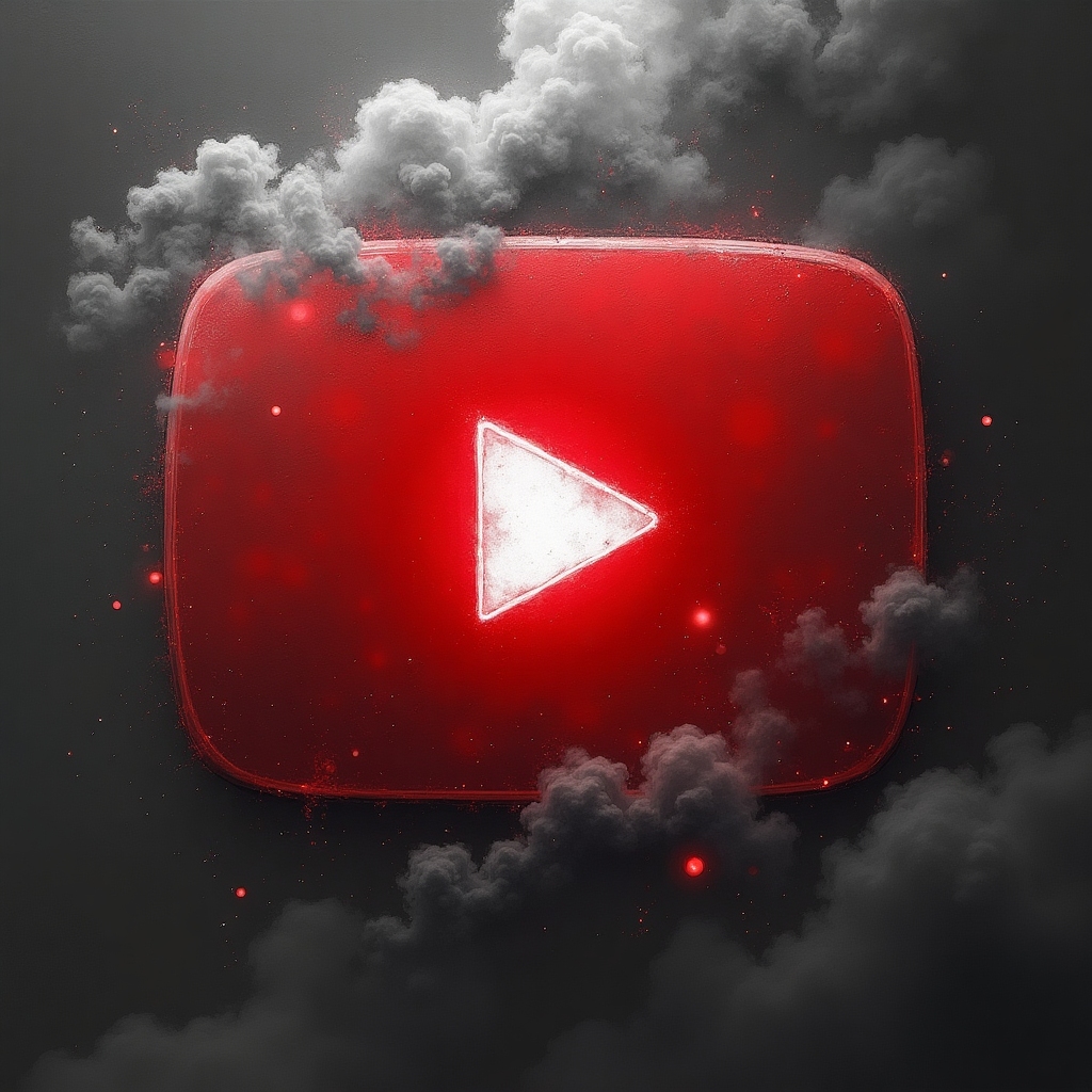 YouTube icon in noir, gray, and pencil style, highly detailed with bold, visually prominent red highlights, swirling fog-like smoke, and sharp spotlights for a dramatic red noir blues footer