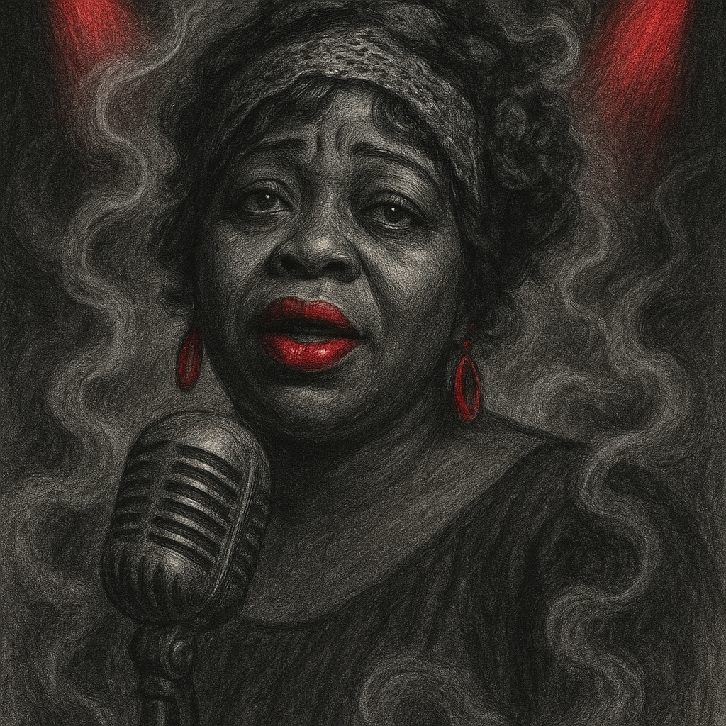 Ma Rainey depicted in a bold, highly detailed pencil drawing: noir gray palette, visually prominent red lipstick and earrings, swirling fog-like smoke, dramatic red spotlights, soulful eyes, vintage microphone, rich in emotion and atmosphere, bold red noir style, strong contrast and shadow