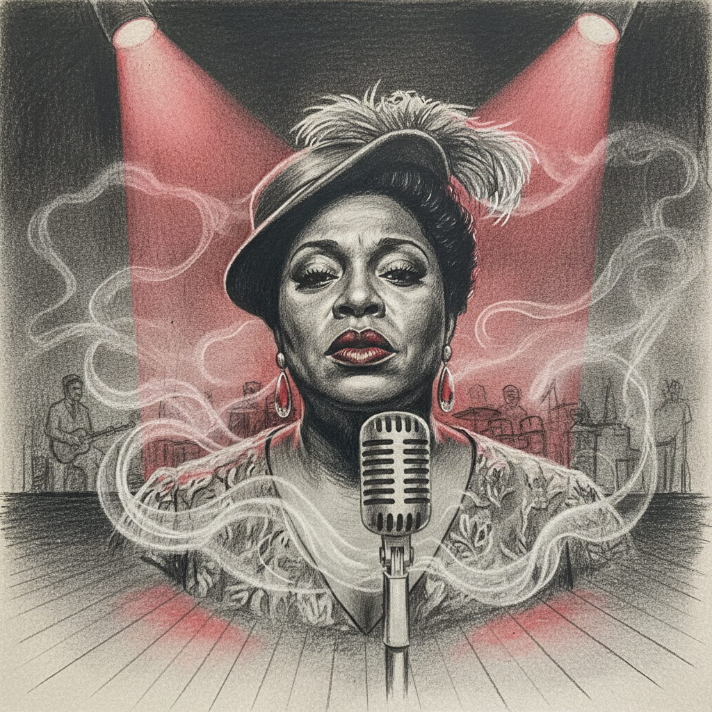 Ma Rainey in a cinematic, highly detailed pencil drawing: noir gray tones, visually prominent red lipstick and earrings, swirling fog-like smoke, dramatic red spotlights, soulful eyes, vintage microphone, rich in emotion and atmosphere, red noir style