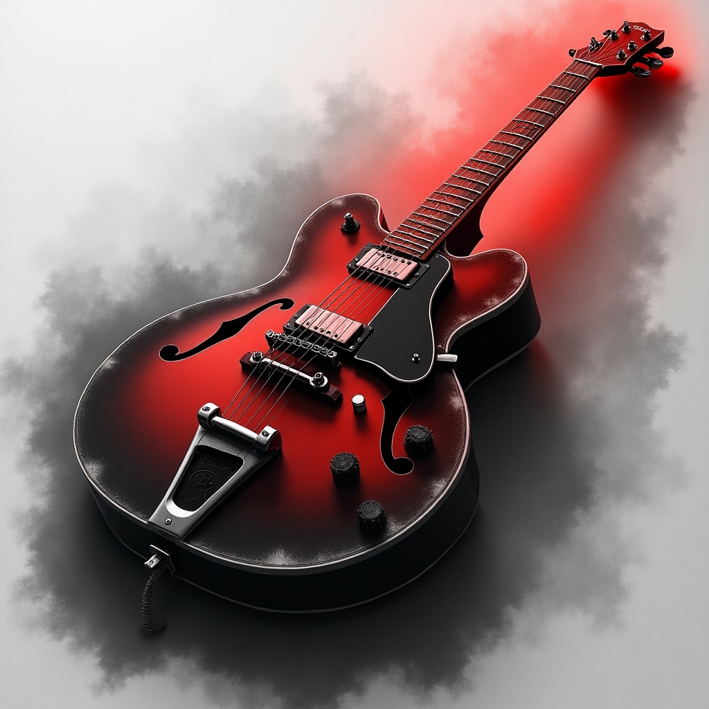Noir, gray, and common pencil-style drawing of a classic blues guitar with visually prominent red color highlights, dramatic swirling smoke, and cinematic red spotlights. Highly detailed, expressive pencil lines, deep charcoals, moody shadows, glowing red accents on the guitar, and atmospheric haze evoke a dramatic, emotional red noir blues scene.