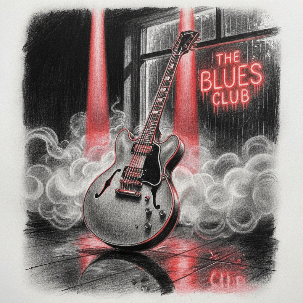 Noir, gray, and pencil-style drawing of a classic blues guitar with bold, dramatic red highlights, swirling fog-like smoke, and cinematic red spotlights. Highly detailed expressive pencil lines, deep charcoals, moody shadows, and glowing red accents on the guitar, all in a rich, atmospheric red noir blues scene.