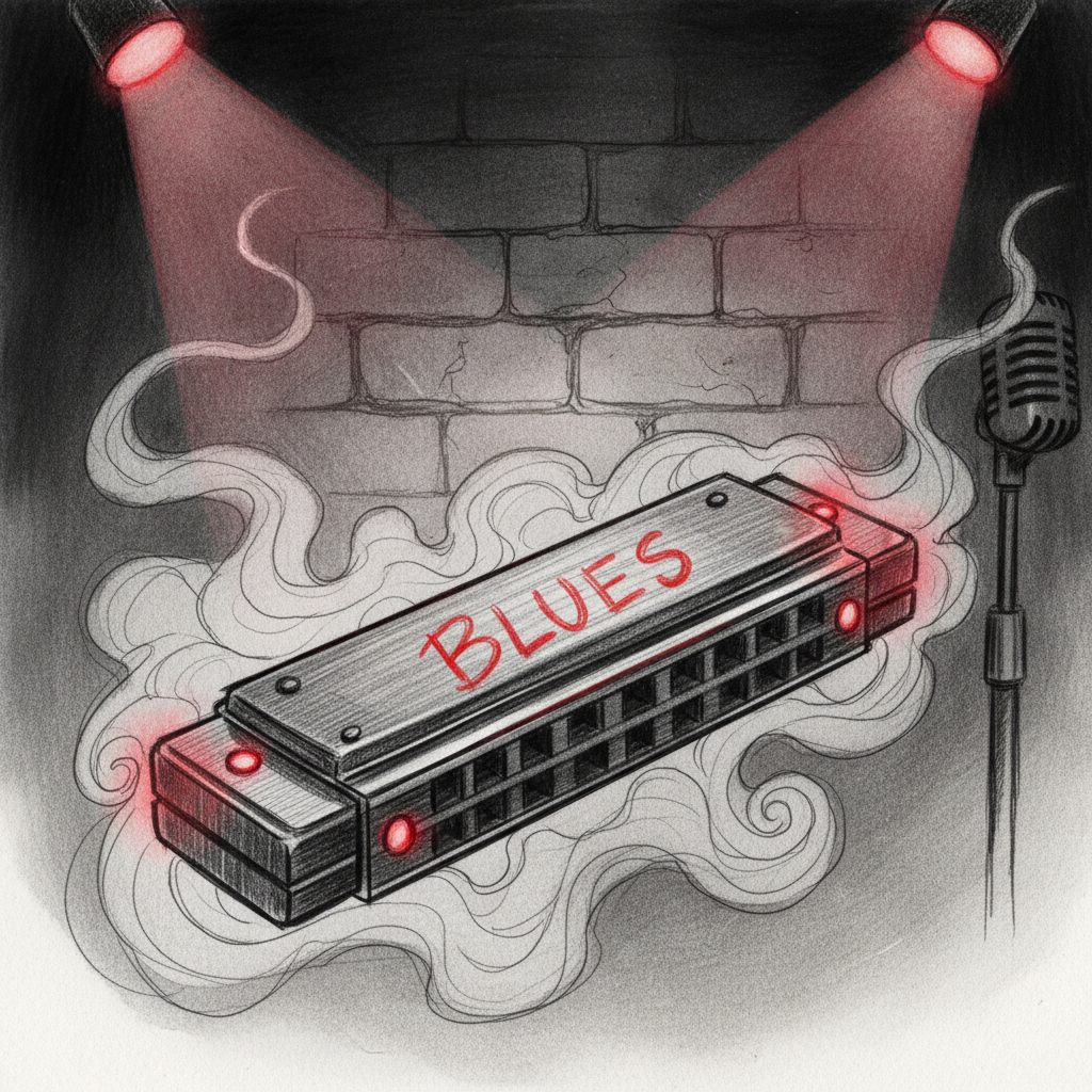 Noir, gray, and pencil-style sketch of a vintage blues harmonica with bold, visually prominent red highlights, swirling fog-like smoke, and dramatic red spotlights. Strong contrasts, expressive pencil texture, glowing red accents on the harmonica's body, and a cinematic red noir blues mood.
