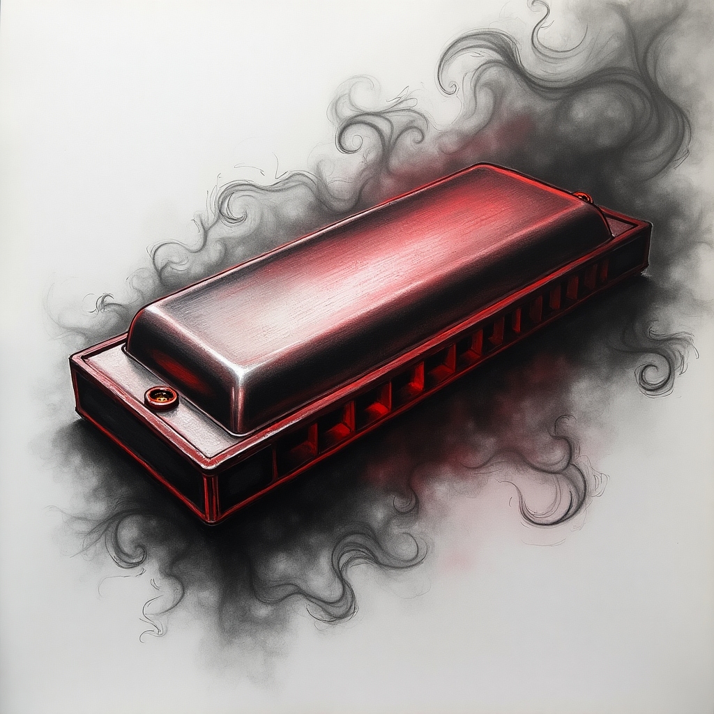 Noir, gray, and common pencil-style sketch of a vintage blues harmonica with strong, visually prominent red highlights, swirling fog-like smoke, and dramatic red spotlights. Bold shadows, expressive pencil texture, glowing red accents on the harmonica's body, and cinematic atmosphere for a soulful red noir effect.
