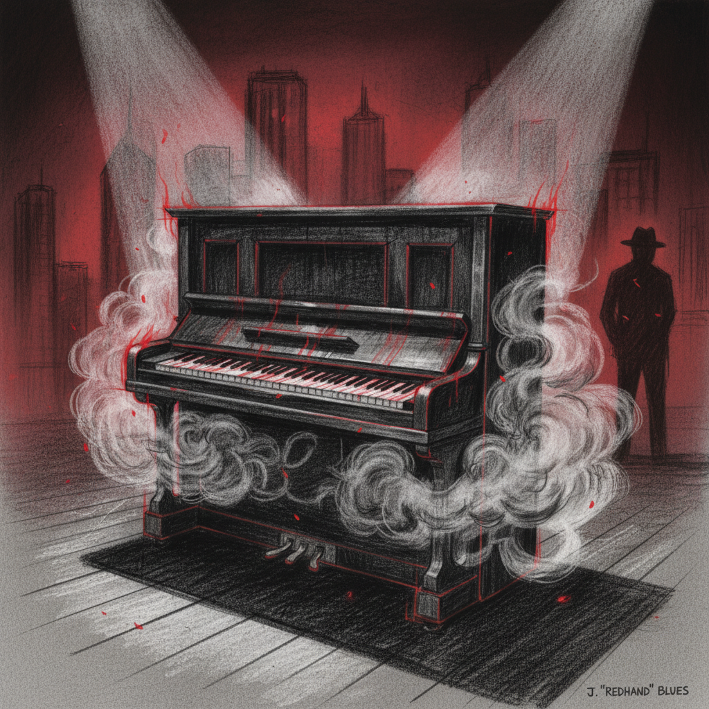Noir, gray, and pencil-style drawing of a vintage upright blues piano with bold, striking red highlights, thick fog-like smoke curling around the keys, and dramatic red spotlights. Strong shadows, expressive pencil lines, glowing red accents, and a cinematic, emotionally evocative red noir blues atmosphere.