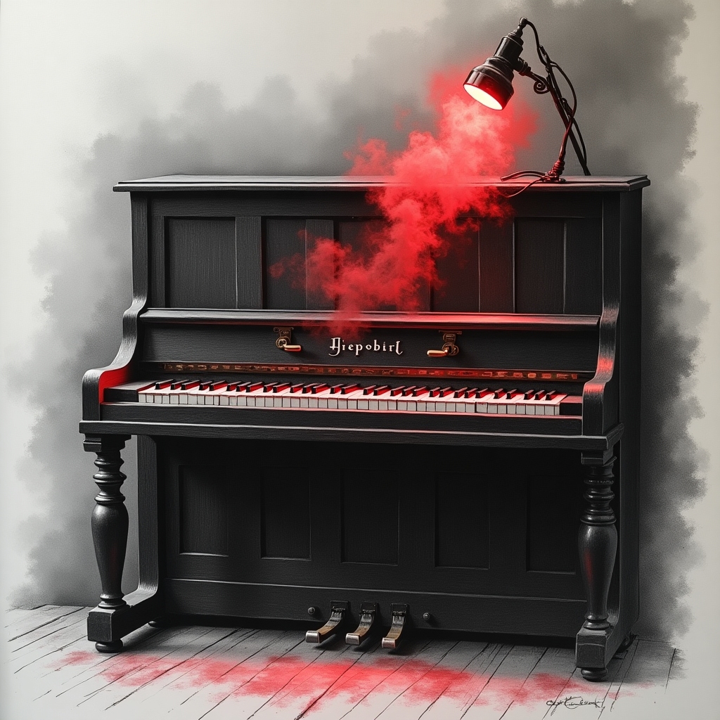 Noir, gray, and common pencil-style drawing of a vintage upright blues piano with visually striking red highlights, thick fog-like smoke curling around the keys, and dramatic red spotlights. Strong shadows, expressive pencil lines, glowing red accents, and cinematic mood create an emotionally evocative red noir blues scene.