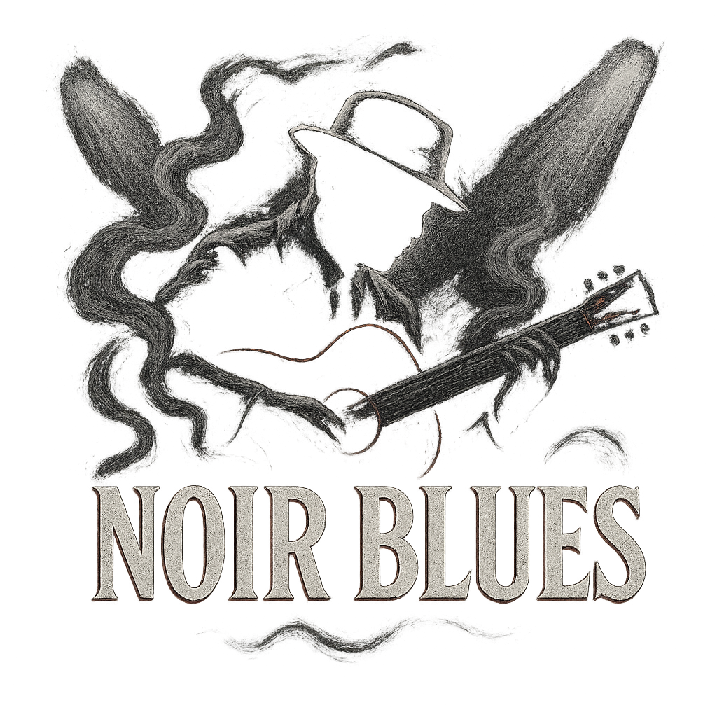 Noir Blues logo: noir, dark background, pencil-drawn style in gray with dramatic red noir highlights, swirling smoke, and dramatic spotlights for a red noir look