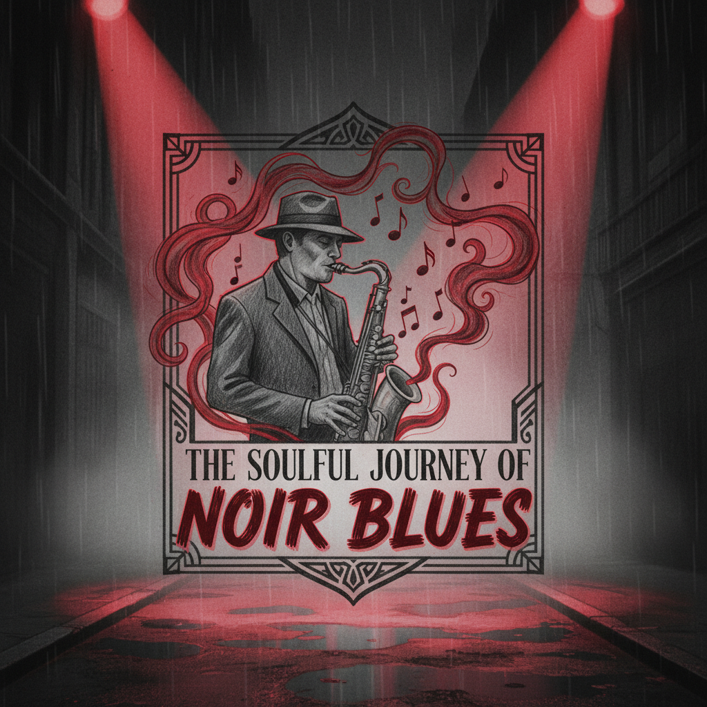 Noir Blues logo: noir, dark background, pencil-drawn style in gray with dramatic red noir highlights, swirling smoke, and dramatic spotlights for a red noir look