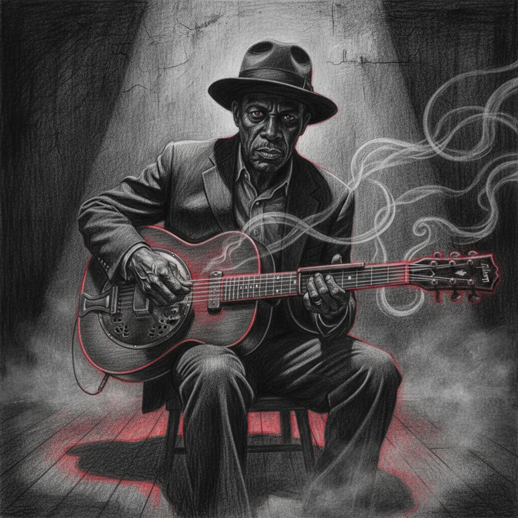 Son House as an atmospheric pencil drawing: gray noir style, deep red highlights on resonator guitar and background, sliding steel, shadowy hat, swirling smoke, dramatic red spotlights, haunting expression, cinematic red noir effect, fog and red accent lighting
