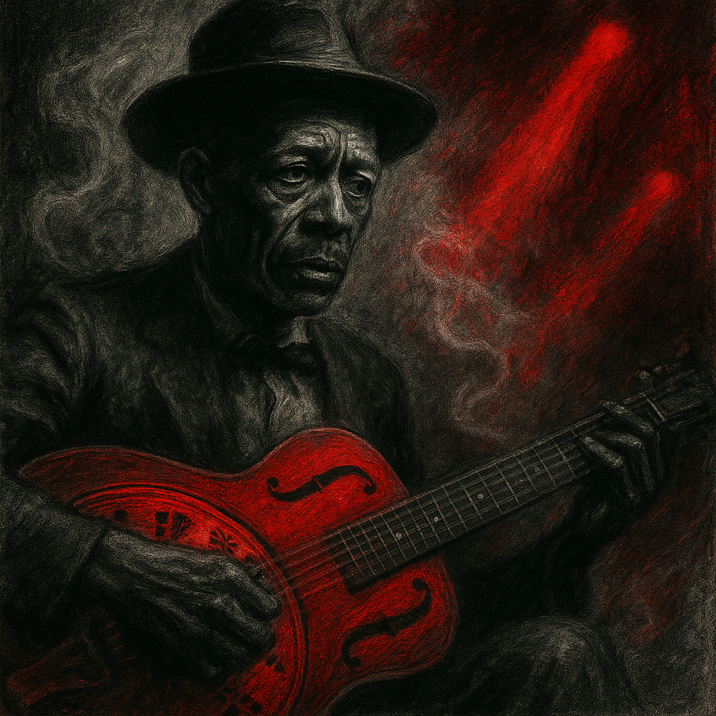 Son House as a dramatic pencil noir portrait: gray style, deep red highlights on resonator guitar and background, sliding steel, shadowy hat, swirling smoke, dramatic red spotlights, haunting expression, bold red noir effect, strong fog and lighting