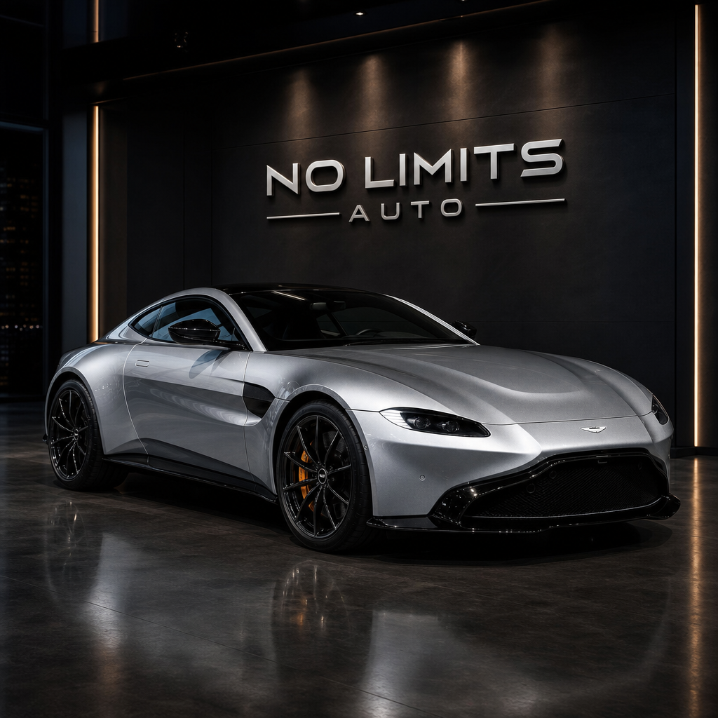 2019 Aston Martin Vantage in metallic silver with gloss black accents in a cinematic showroom with the identical No Limits Auto wall logo treatment matching the new reference