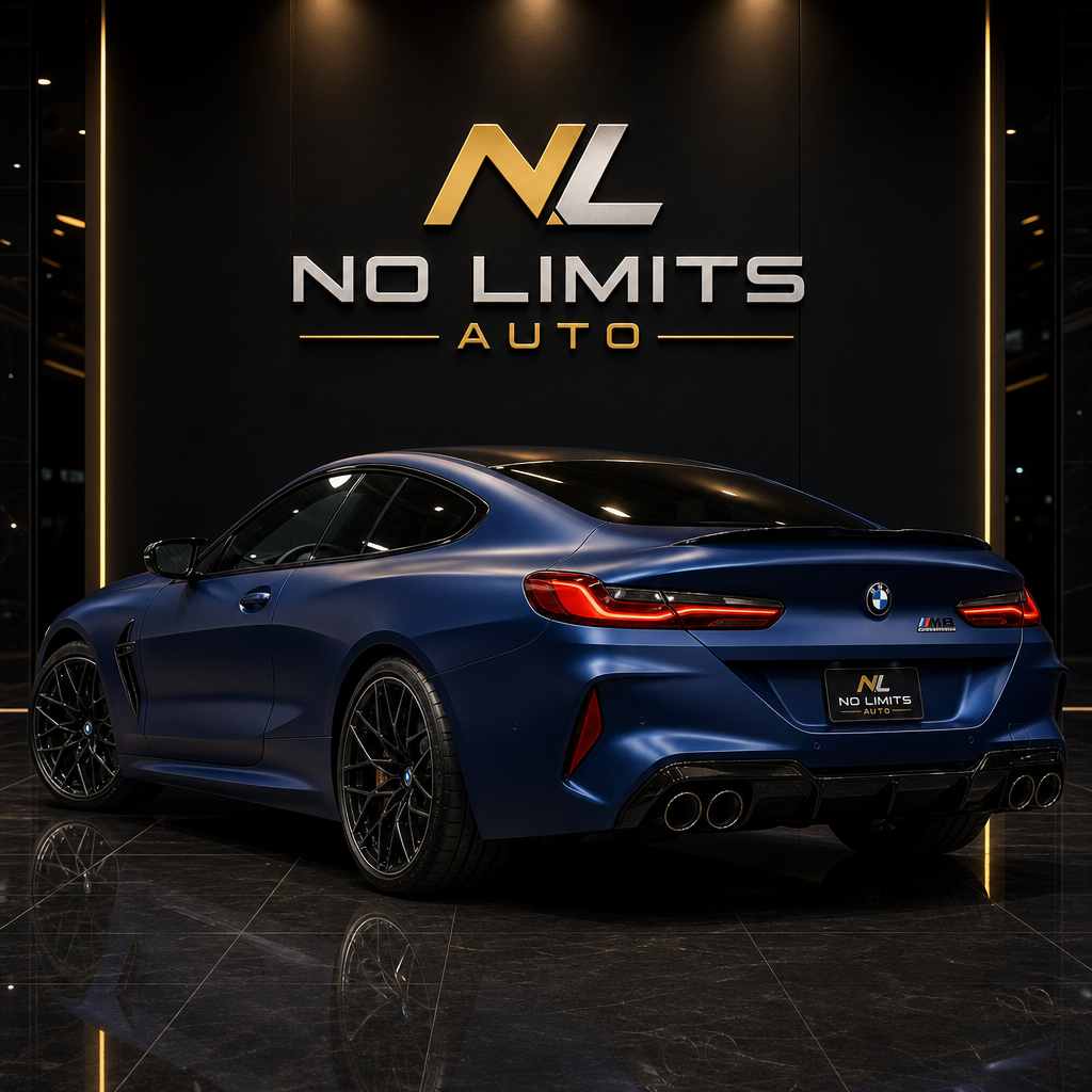 2024 BMW M8 Competition in frozen dark blue on a glossy showroom floor with the identical No Limits Auto wall logo treatment matching the new reference