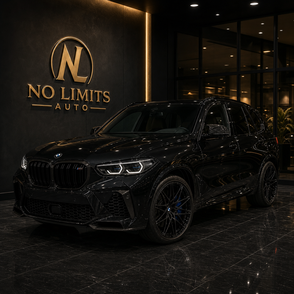 BMW X5M Competition in sapphire black with carbon accents inside a modern showroom with the identical No Limits Auto wall logo treatment matching the new reference
