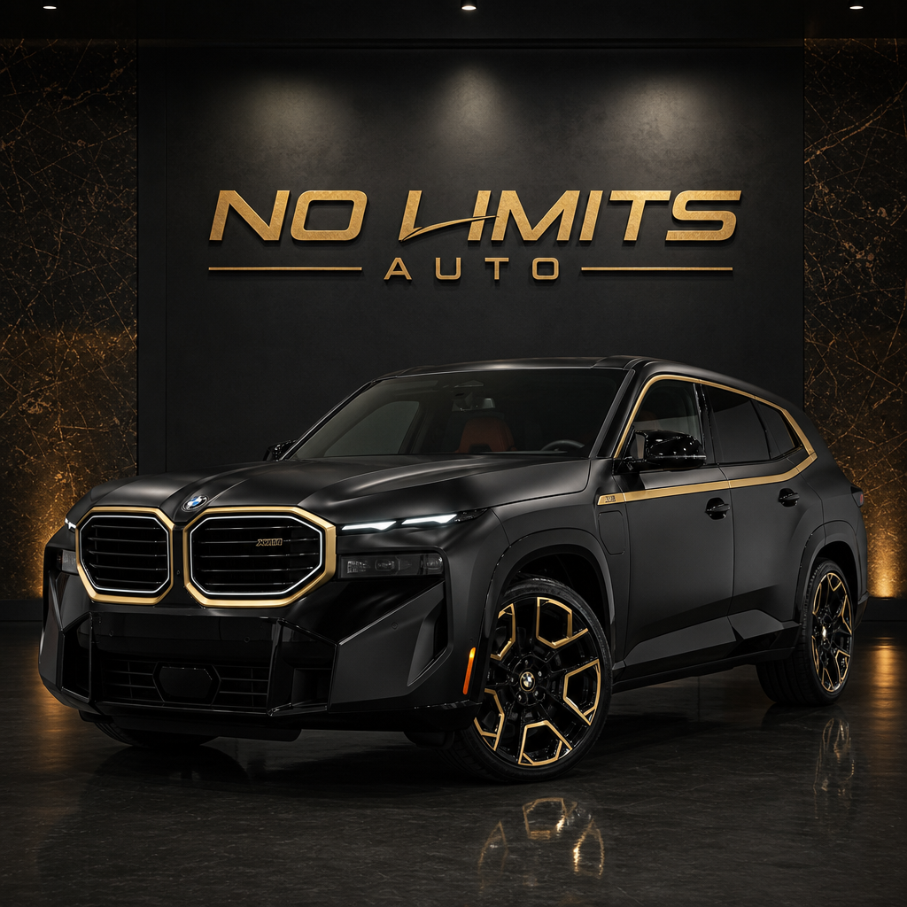 2024 BMW XM in matte black with gold accents staged in a premium showroom with the identical No Limits Auto wall logo treatment matching the new reference
