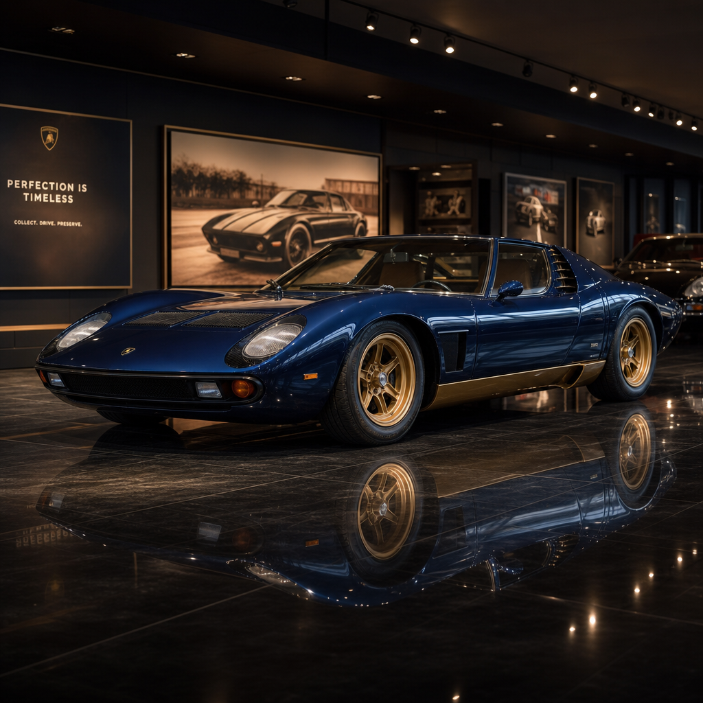 Rare dark blue classic supercar with gold wheels in a climate-controlled showroom, warm spotlights overhead.