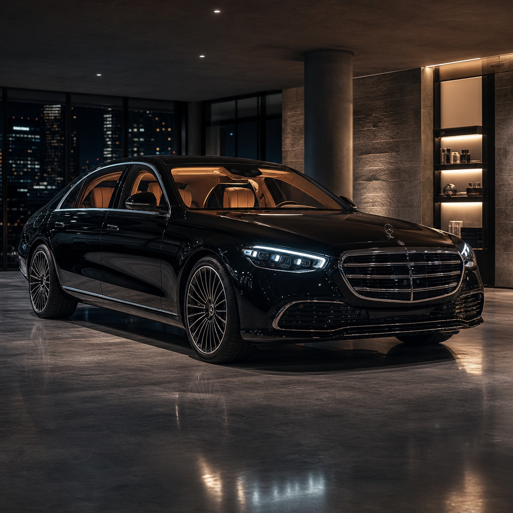 Elegant black luxury sedan with chrome accents and a softly lit cabin, photographed in a refined city garage.